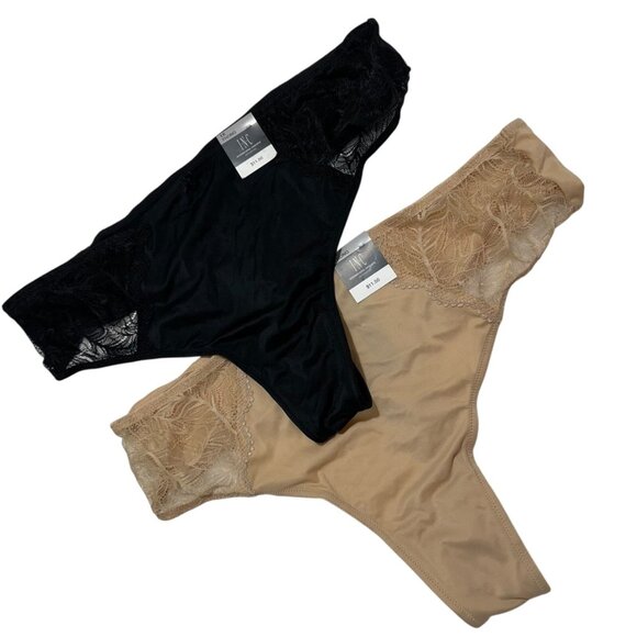 INC Int’l Concepts Plus Size 1X Black Frappe Lace-Trim Thong Panty (2) Pairs NWT - Picture 2 of 7